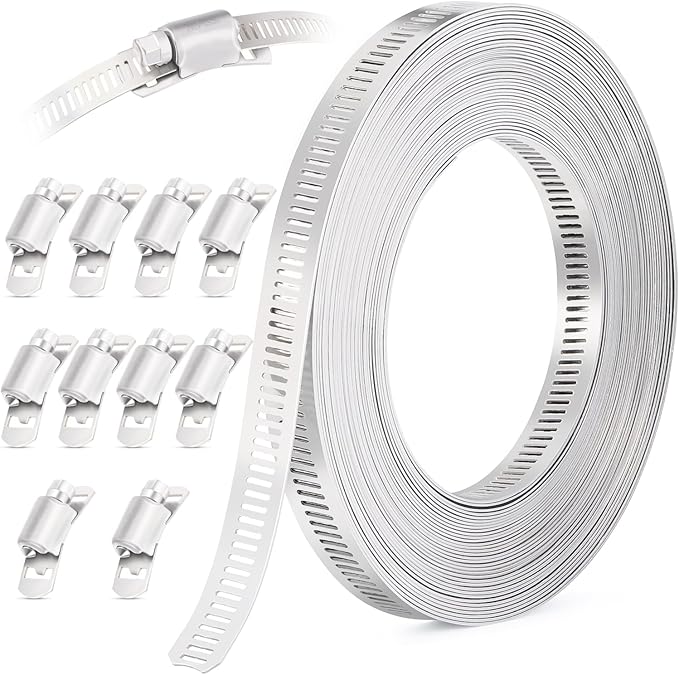20FT Hose Clamps,304 Stainless Steel Hose Clamp Assortment Kit DIY Metal Strapping with Holes+10 Fasteners,Adjustable Worm Gear Large Hose Clamps Metal Band Screw Clamp Straps for Pipe,Duct,Tube
