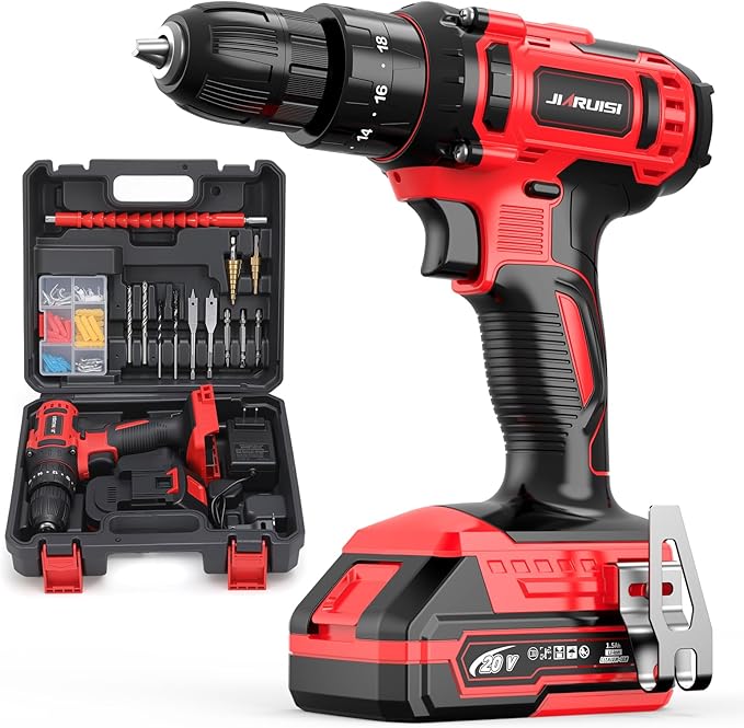 20V Cordless Drill, Electric Power Drill Set with Battery Charger, 3/8” Keyless Chuck, 2 Variable Speed, 18+3 Torque, 72pcs Driver Bits and Belt Hook, Red