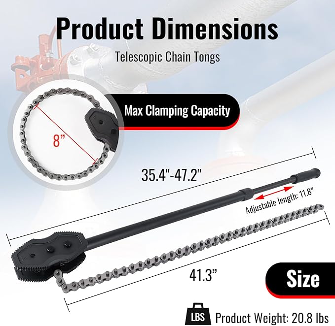 YHK Chain Pipe Wrench, Chain Tongs with 41.3" Chain Length and 35.4”-47.2” Telescopic Handle Length, Chain Wrench for Pipe Installation, Repair, and Maintenance, Fit for 1-1/2"-8" Pipe Diameters