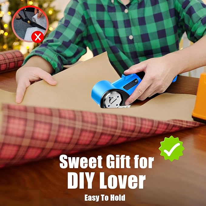 Cordless Electric Scissors, 5V Rechargeable Cardboard Box Cutter Heavy Duty Rotary Tool with Safety Lock & LED Light for Cardboard, Fabric, Box (Blue)