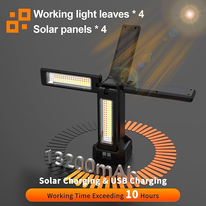 13200mAh Rechargeable Solar Work Light IP64 Waterproof with Folding Stand and Carrying Bag, AODOO 8000 Lumen Cordless Camping Light, White/Warm/Nature White/RED/SOS