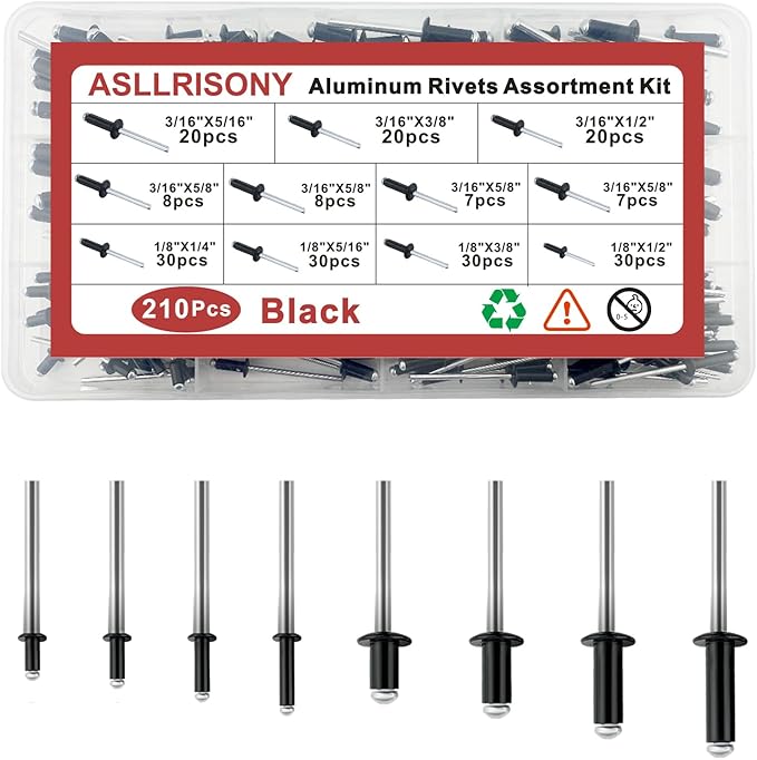 210Pcs Black 3/16'',1/8'' Pop Rivets Assortment Kit, 8 Sizes Aluminum Rivets,Aluminum blind rivets for metal Dome Head rivet kit