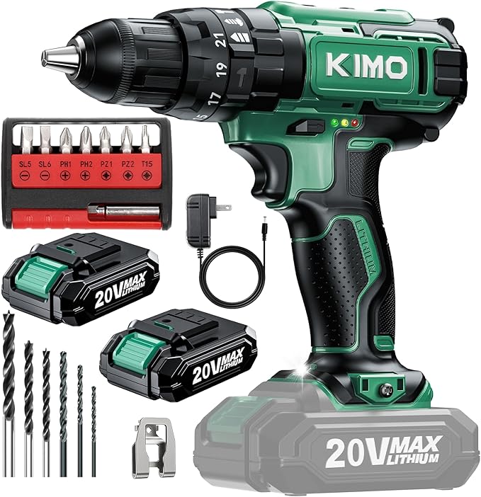 KIMO Hammer Drill - 20V 2X Battery Hammer Drill Cordless Drill Set, 350 In-lb Torque, 3/8" Keyless Chuck, 1350 RPM, 21+3 Position,14pcs Drill/Driver Bits, Power Drill Drivers for Concrete Brick Wall