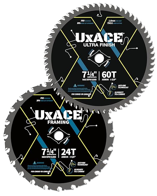 7-1/4-Inch 24&60-Tooth Circular Saw Blade with 5/8-Inch Arbor, Framing & Ultra Finish Wood Cutting, Carbide Tip, Thin Kerf, for Plywood, MDF, OSB, Laminated, 2 Pack