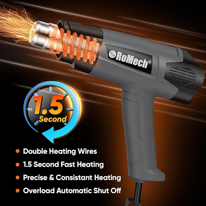 ROMECH Heat Gun, Heavy Duty Fast Heating, Variable Control 120°F~1200°F (50℃-500℃) 4 Nozzles Heat Gun for Crafting, Shrink Tubing,Vinyl Wrap(Gray)