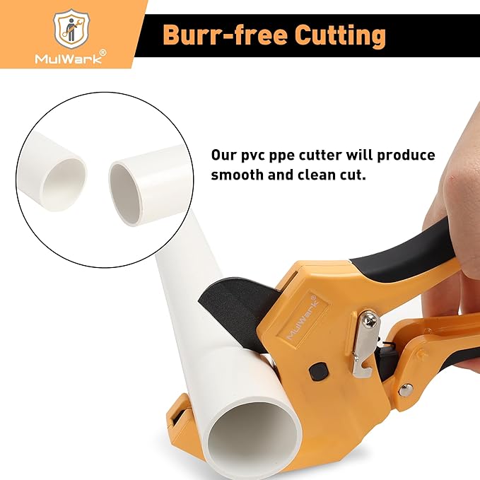 Mulwark PVC Pipe Cutter Tool Cuts up to 1-5/8", Heavy-Duty Aluminum Ratchet Cutter with Extra 3PC Teflon Tape and 1PC Blade for Cutting PVC, PPR, PE and Rubber Hose