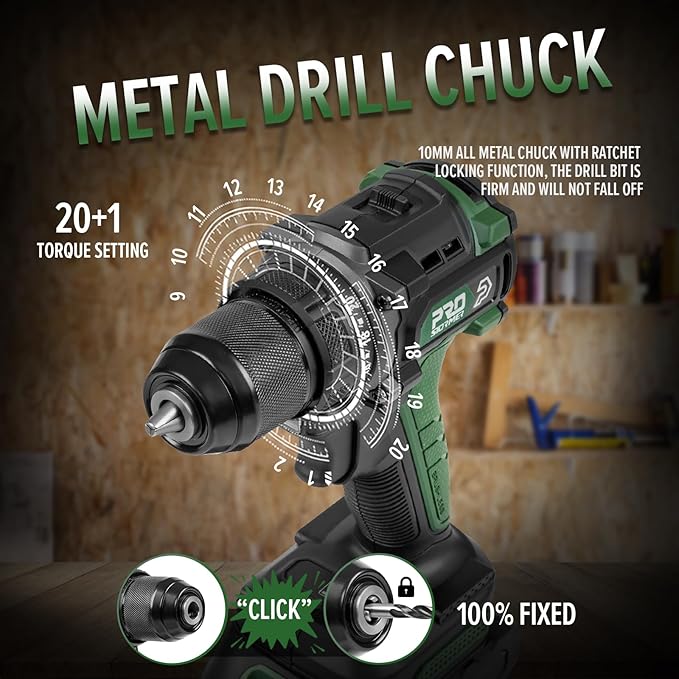Prostormer Brushless Power Drill Set, 575 in.lbs Drill Driver, 20+1 Max Torque, 3/8" Keyless Chuck, 2pcs Battery & Charger with Storage Box & 24 Pcs Drilling Bits