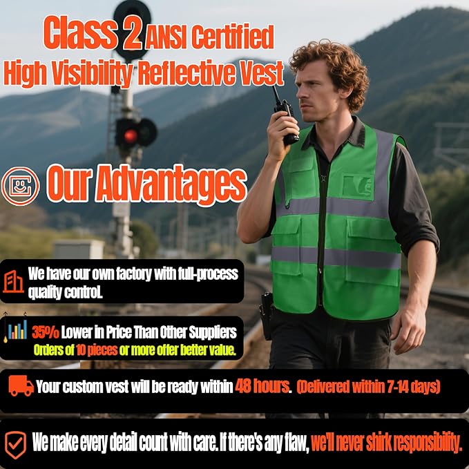 BeautyWill Custom Safety Vest Customized Logo Class 2 High Visibility Reflective Vest with Pockets Construction workwear