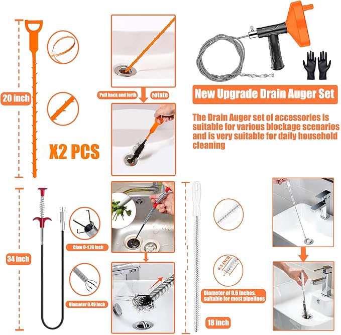 33 Feet Drain Snake Auger, Plumbing Snake Drain Hair Clog Removal Tool, Sink Unclogger Drain, Heavy Duty Toilet Snake Auger, Cleaner Tool for Bathroom Kitchen Tub Shower Drain Clog Remover with Gloves