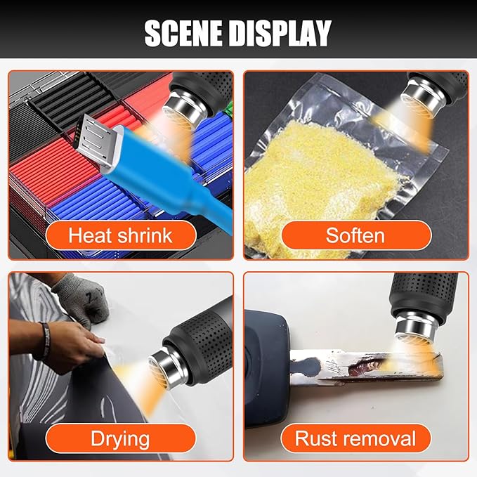 Heat Gun Fast Heating 1800W 122℉-1202℉ LED 3-color light to display temperature Shrink wrap heat gun with 4 Nozzles for Soften,Car film,Drying