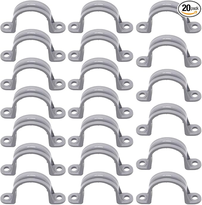 1 Inch PVC Pipe Strap, 2-Holes Conduit Pipe Clamps Plastic Pipe Supports (Grey, 20 Pcs)