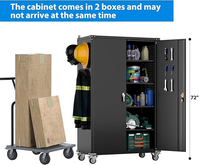 2025 Upgraded Wide & Deep Garage Storage Cabinet with Wheels, Lockable Metal Storage Cabinet with Pegboards and 9 Hooks, 2 Tool Pouches for Garage,4 Adjustable Shelves (Black,43''W x 22''D x 72''H)