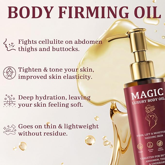 Magic Body Firming Oil, Luxury Body Oil for Crepe Skin, Tightening & Hydrating Body Oil After Shower with Vitamin E and Rosehip, Non-Greasy Body Serum Oil for Thighs, Arms, Chest, 100ML / 3.38 Fl Oz-VeraVaultWomen