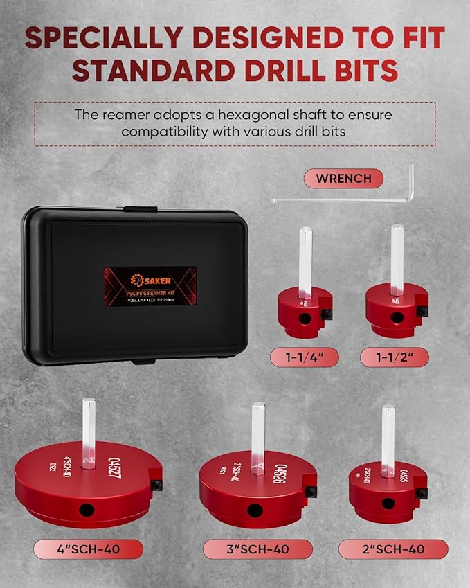 Saker PVC Pipe Reamer Kit, PVC Fitting Saver with 1-1/4inch,1-1/2inch, 2inch,3inch,4inch Head, For SCH40, ABS Pipe,CPVC Perfect for Plumbing Repairs, Fits Standard 1/2" Drill