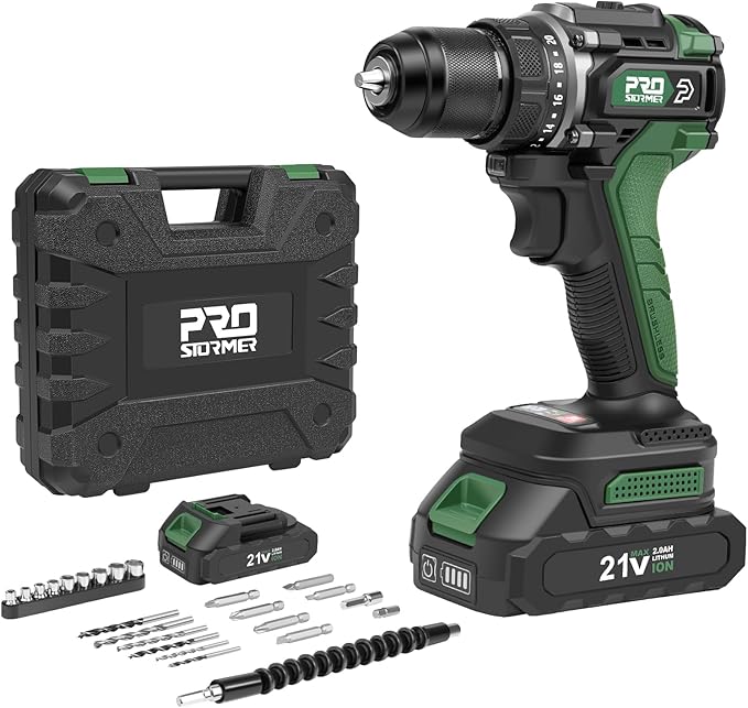 Prostormer Brushless Power Drill Set, 575 in.lbs Drill Driver, 20+1 Max Torque, 3/8" Keyless Chuck, 2pcs Battery & Charger with Storage Box & 24 Pcs Drilling Bits