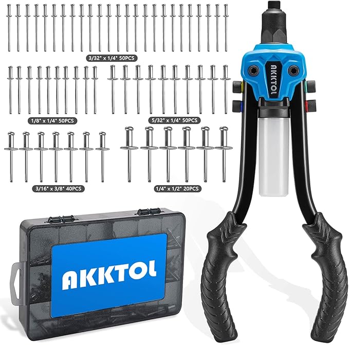 AKKTOL Rivet Gun Kit, 1/4" Pop Rivet Gun Kit with 210pcs Blind Rivets, Heavy Duty 13" Rivet Gun Tool with 5 Nosepieces incl. 3/16" & 1/8" for Metal, Gutter & Automotive