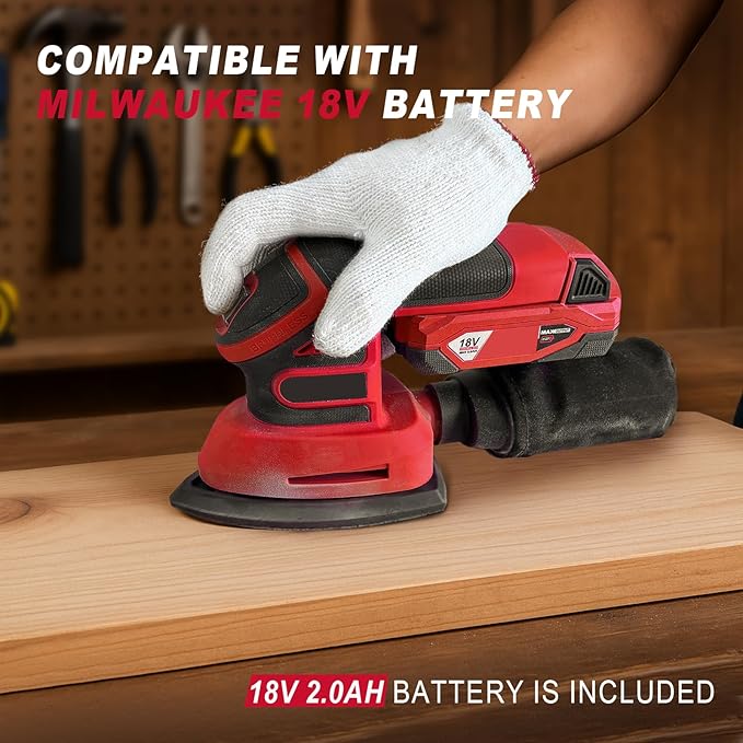 1.9Amp Cordless Detail Sander Compatible with Milwaukee 18v Battery, Dust Collector, Brushless 12,000 OPM Speed, Compact Soft Palm Grip, 10pcs Sanding Pads, 2.0Ah Charger & Battery Kit (Red)