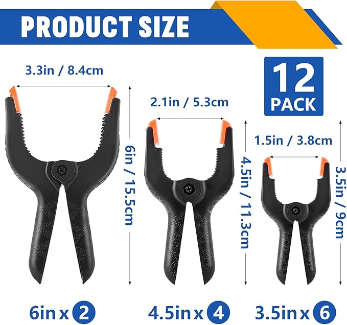 12 Pack Plastic Spring Clamps Set, 3 Sizes of Spring Clips 3.5 Inch, 4.5 Inch, 6 Inch Set, Black Heavy Duty Clips, Backdrop Clips, Woodworking Clamps, Plastic Clamps for Woodworking,Photography