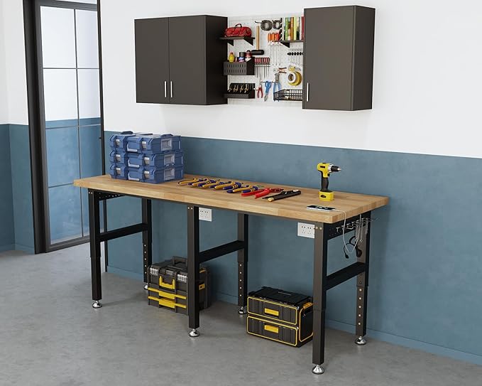 SPECRAFT 84“ Adjustable Heavy Duty Workbench with 4 AC Outlet and 2 USB Ports Power Outlets, 5000 Lbs Capacity, Rubber Wood Top for Garage, Workshop, Office