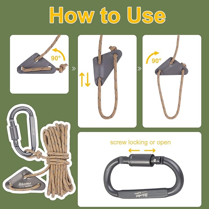 Hikeman 4 Pack Camping Rope with Locking Carabiner Clip,4mm Reflective Guy Lines with Triangular Guyline Adjuster Tensioner,Nylon Cord for Tent Tarp Tie Down,Hiking,Backpacking