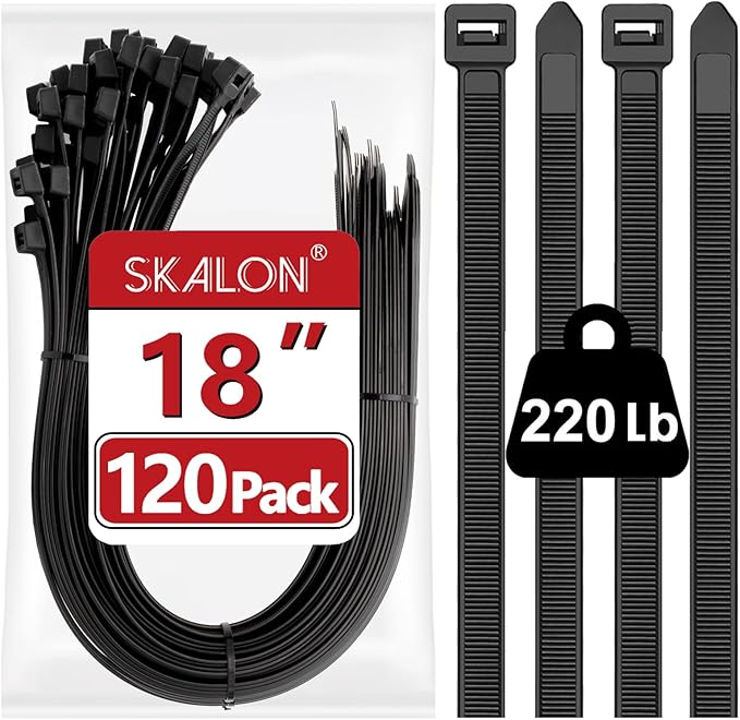 Large Zip Ties 18 Inch (120 Pack) - Heavy Duty, 220 lb Tensile Strength, Black Cable Ties, Extra Long Wire Ties, SKALON