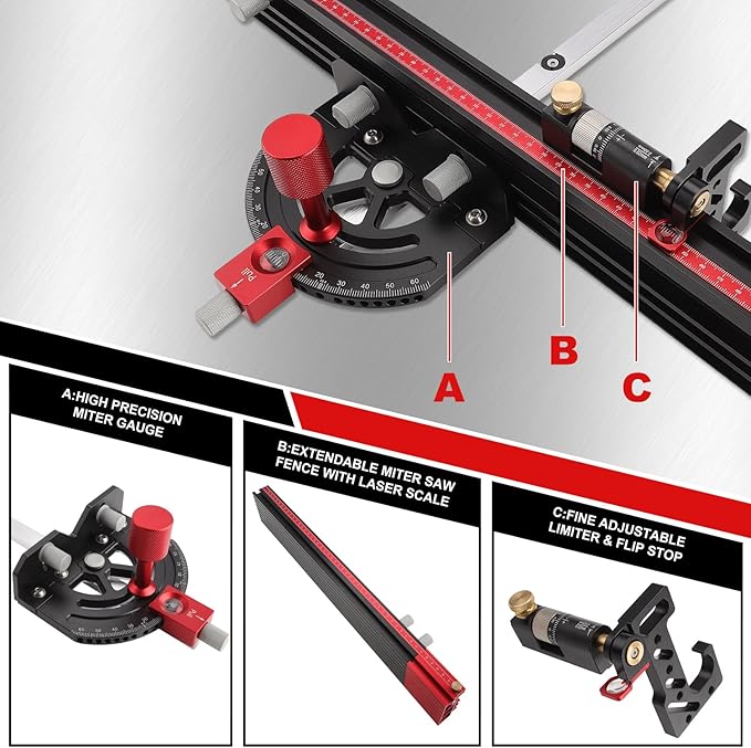 Table Saw Miter Gauge, Precision Miter Gauge with Fine Adjustable Limiter Flip Stop/Angle Stops/Extendable Fence, Fit Standard Slot 3/4" x 3/8", Aluminum Alloy Table Saw Miter Gauge Fence