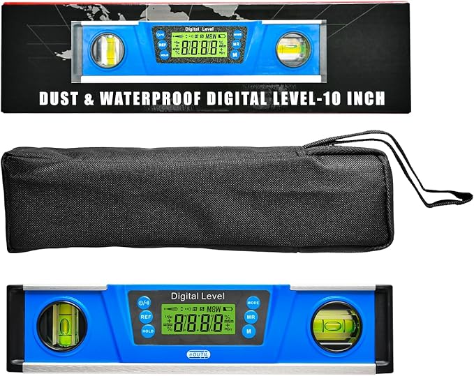 Digital Level and Protractor, 10 Inch IP54 Protected Electronic Bubble Inclinometer Angle Finder Gauge with Large LED Backlight Display & Magnetized V-Groove Base Carrying Bag Included (Blue)