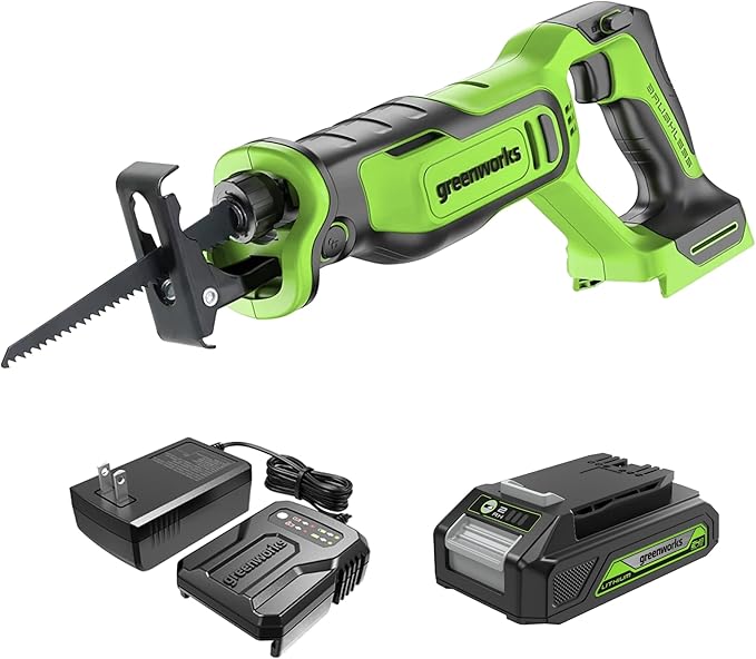 Greenworks 24V Cordless Brushless Reciprocating Saw, 3,000 SPM, 1" Stroke Length, Compact Design, Includes 2.0Ah Battery & Charger