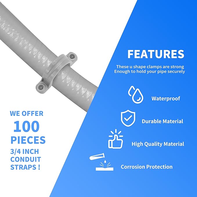 100 Pcs PVC Pipe Straps 3/4 Inch, Plastic Conduit Clamp Pipe, 2 Holes Heavy Duty U Clamps for 3/4 PVC Pipe Conduit Cables Hose