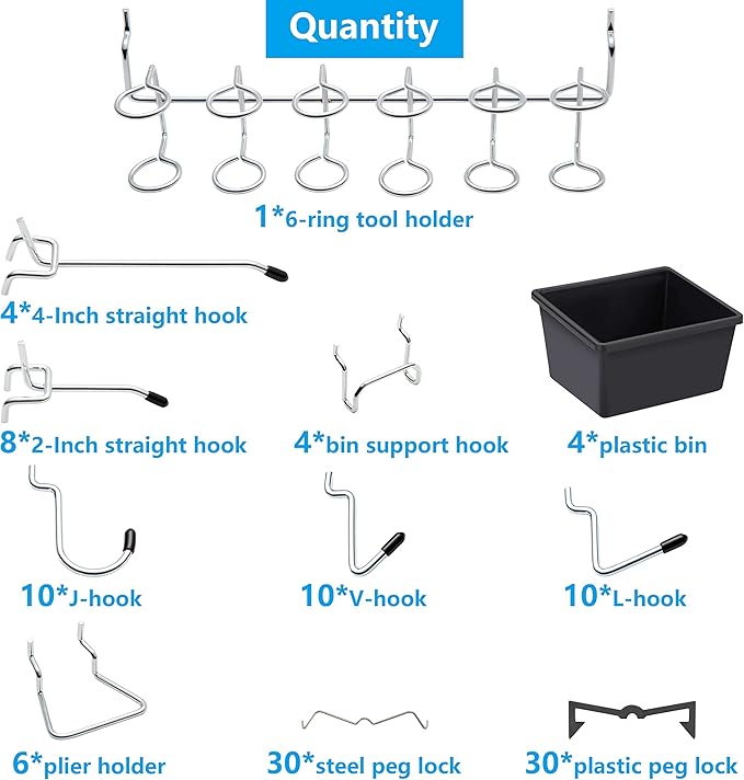 Pegboard Hooks with Bins, Peg Locks, for Organizing Various Tools, 117 PCS, 60 of Which are Locks