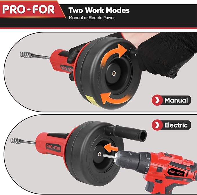 PFO-FOR Drain Auger for 3/4"-2" Pipe, Plumbing Snake Hair Drain Clog Remover, 16.5 ft Cable Unblocking Hand Auger Cleaner Tools, Manual Or Powered for Sink Kitchen Bathroom Shower Bathtub