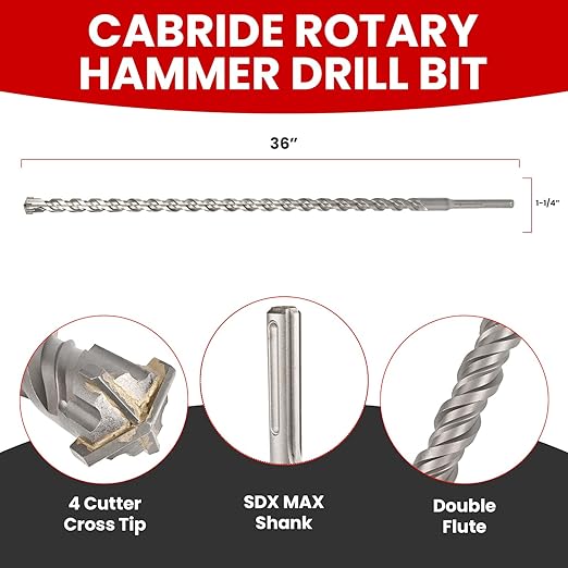 1-1/4 X 36 in SDS MAX Bits, Rotary Hammer Drill Bits, Carbide Drill Bits, Masonry Drill Bits for Concrete, Stone and Brick, SDS MAX Hammer Double Flute, Masonry Drill Bit, Concrete Drill Bit