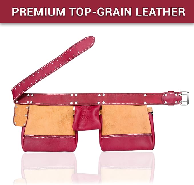 FUERI Leather Tool Belt Bag Men Pouch Heavy Duty Tools Pouches Organizer for Carpenter Construction Electrician Belts Bags Holder (11 Pocket Maroon, Adjustable)