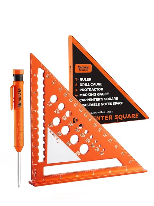 Mecurate 7-Inch Aluminum Alloy Rafter Square with 2-in-1 Carpentry Pencil - Durable Measuring and Marking Tool for Woodworking, Construction, and DIY Projects