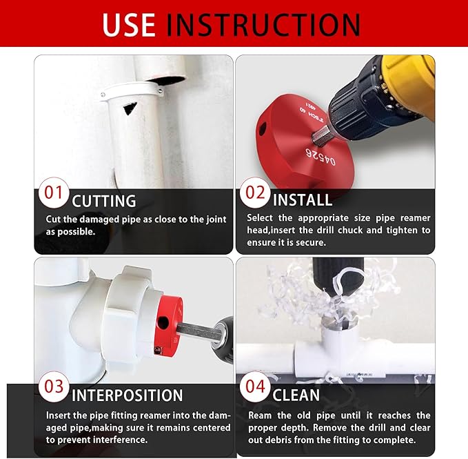 04529 for PPRK6 Plastic Pipe Fitting Reamer, PVC Pipe Reamer Kit, PVC Reed Pipe Reamer Contains 3/4",1",1-1/2",2",3",4" Aluminum Head Fit into Standard 1/2" Drill for CPVC, PPR or ABS