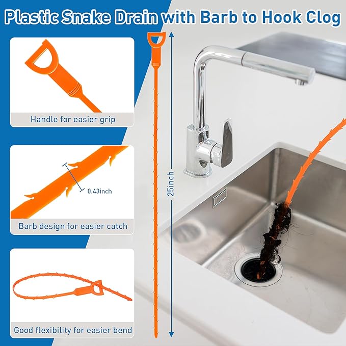 12 Pack Drain Clog Remover Kit, 59" Drain Snake(3pcs), 37" Steel Sink Snake(2pcs), 25" Snake Drain Hair Removal Tool(4pcs), 24" Drain Cleaner Tool(1pc), 18" Drain Brush(2pcs) for Sink, Toilet, Shower