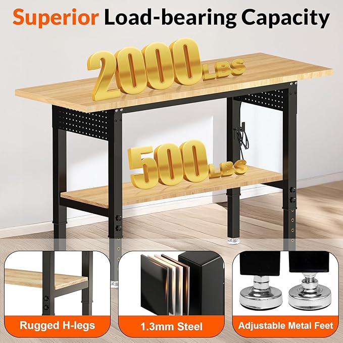 Adjustable Height Work Bench 60×22 Workbench for Garage with Under Table Shelf Heavy Duty Rubber Wood Work Table for Shop Woodworking, Office, Home, Commercial