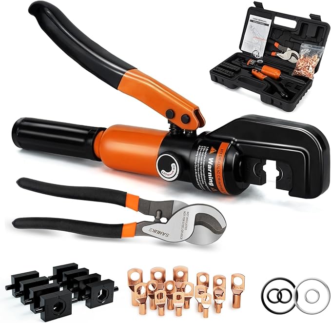 Sanuke Hydraulic Crimping Tool and Cable Cutter, 12 AWG to 2/0 AWG, 10 Tons Electrical Terminal Cable Crimper Tool Kit with 9 Die Sets and 64PCS Copper Wire Lugs