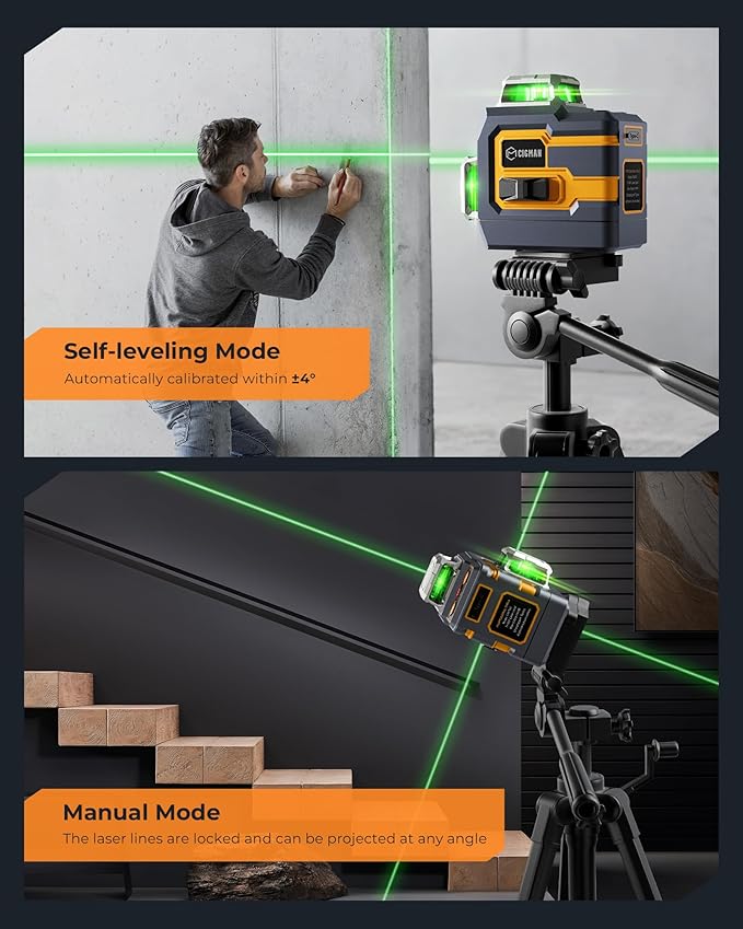 3x360° Laser Level with Remote&APP Control, CIGMAN Green Self Leveling Cross Line Laser for Construction and Picture Hanging, 3D Vertical/Horizontal Line, Magnetic Rotating Stand Included, CM-S01