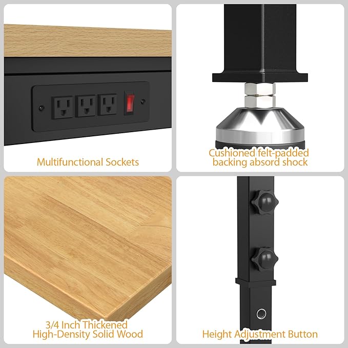 48" Adjustable Workbench,Heavy-Duty Work Table,3000 LBS Load Capacity Hardwood Workstation Outlets with Power Strips and Fixed feet,for Workshop, Garage