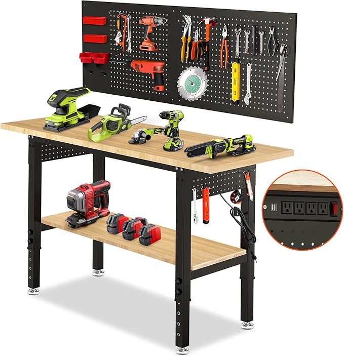 Adjustable Height Work Bench 60×22 Workbench for Garage with Under Table Shelf Heavy Duty Rubber Wood Work Table for Shop Woodworking, Office, Home, Commercial