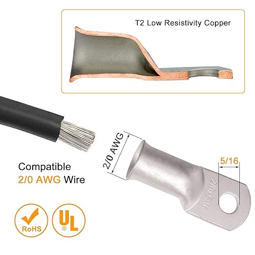 00 Gauge Tinned Copper Lugs 10 PCS 2/0 AWG - 5/16'' Cable Lugs UL Listed Terminals 2/0 Gauge Wire Lugs Battery Cable Ends 10PCS Heavy Duty Closed End Crimp Copper Lugs with 10PCS 3:1 Heat Shrink Tube