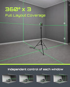 Laser Level Self Leveling 360°x3 Green Cross Line Laser Tool for Construction and Picture Hanging, Remote Control, Professional Magnetic Rotating Stand, 2 Rechargeable Batteries - LG-3Ds