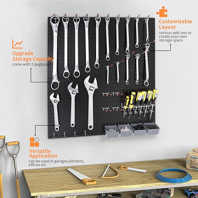 Peg Board, Metal Pegboard Wall Organizer Control, Black Pegboard for Walls Peg Board Tool Organization, Steel Pegboard Tool Board for Garage Wall Mount 2 Pcs 32x16 Inch, Metal Pegboard Panels