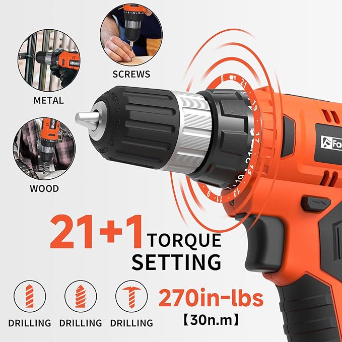20V Electric Power Drill Set, Torque 30N, 21+1 Torque Setting, 3/8-Inch Keyless Chuck, LED Electric Drill Kit, Orange
