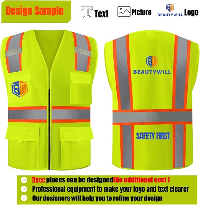 BeautyWill Custom Safety Vest Customized Logo Class 2 High Visibility Reflective Vest with Pockets Construction workwear