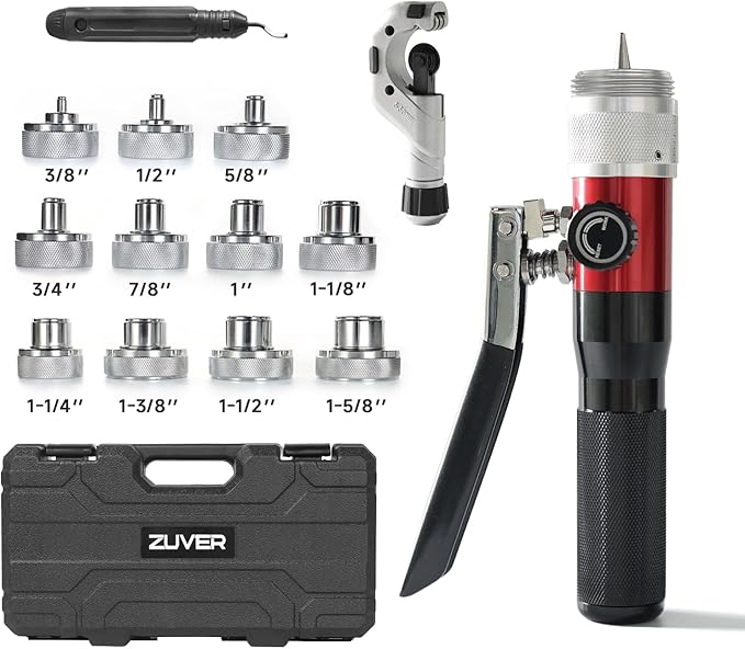 Tube Expander Swaging Tool Kit Hydraulic HVAC Copper Expansion Compact Set with 11 Heads Expanding from 3/8 to 1-5/8 Inch, Includes Tube Cutter and Deburrer