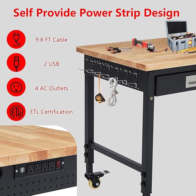 Work Bench 48" Adjustable Height, Heavy-Duty Portable Workbench with Power Outlets and Drawer for Garage & Workshop, 2000 LBS Load Capacity, Work Table for Office, Home, Easy Assembly