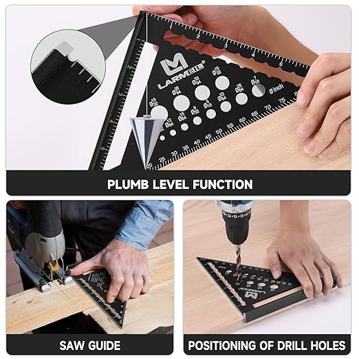 Carpenter Square 7 Inch Rafter Square Tool, Multi-Purpose Farming Carpenter Tools, Woodworking Square Laser Scales Anodized Ruler Body, Aluminum Metal Squares, Black