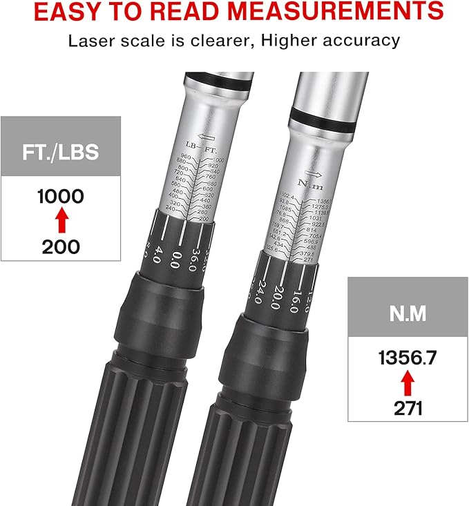 1-Inch Drive Click Torque Wrench, Dual-Scale Adjustable Torque Wrench Set with a Hex Key 200-1000ft.lb / 271-1356.7Nm
